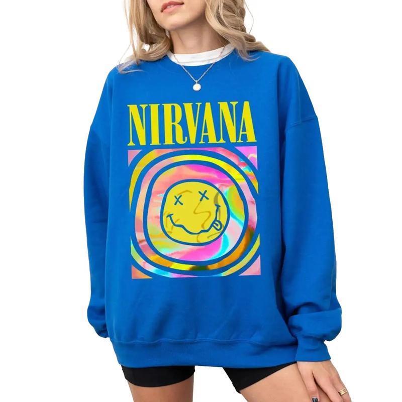 Retro Nirvana Sweatshirt, Happy Smiley Face Sweatshirt, Rock Band Sweater, Nirvana Aesthetic Women's Sweater, Trendy Sweatshirt, Gift for Women