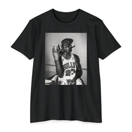 4-TIME CHAMP Michael Jordan Celebrating and Smoking a Cigar After his Fourth NBA Championship T-Shirt, Black & White Graphic T-Shirt