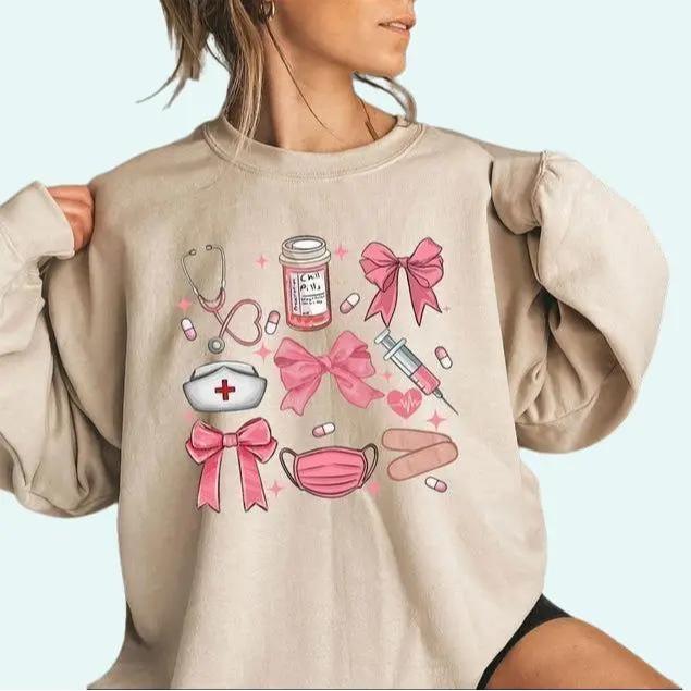 Work Cute Nurse Crewneck, Nurse Coquette Bow Sweater, NICU Sweaters, New Nurse Gift, Soft Girl Nurse Graduation Gift Idea, Unisex Shirt, Gift For Her