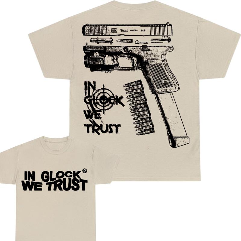 In Glock We Trust Limited Edition Double Sided Print T-Shirt - Classic Width and Collar for Men and Women - Design color Black and White , Cotton Mens