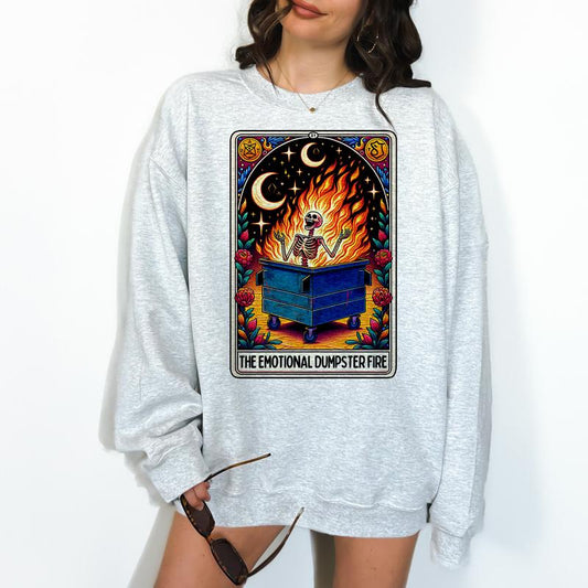 The Dumpster Fire Tarot- Unisex Crewneck Sweatshirt - Print is Sublimation, Funny Crewneck, Gift Idea, Relaxed Fit, Casual Apparel