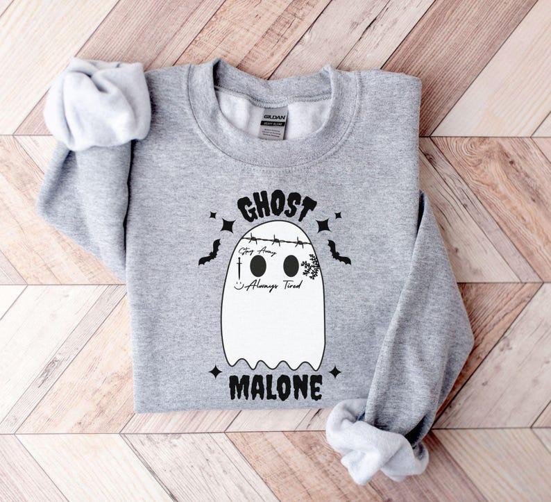 Ghost Malone Sweatshirt, Halloween Sweatshirt, Cute Ghost Sweater, Funny Spooky Sweatshirt, Ghost Malone Shirt Casual Collar Comfort Cotton