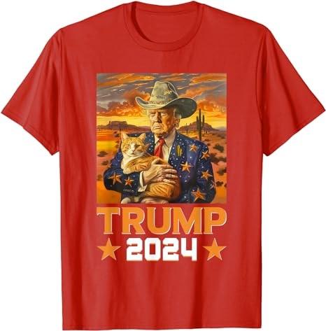 Western Cowboy Trump 2024 And Cat Patriotic 4th of July T-Shirt