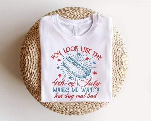 You Look Like The 4th Of July Hot Dog American Men Women Shirt Casual Collar Cotton Fabric Menswear Ribbed