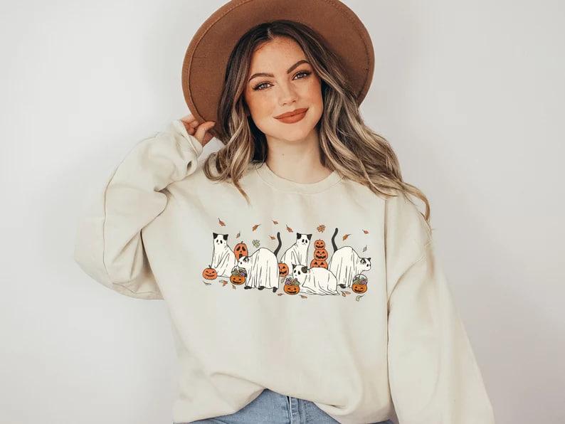 Halloween Ghost Cat Sweatshirt, Cat Halloween Sweatshirt, Cute Cats Halloween Shirt, Ghost Black Cat Shirt, Spooky Season Ghost Cats T-shirt