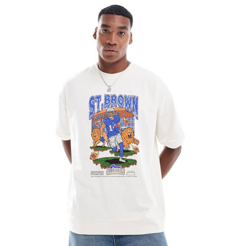 Amon Ra St.Brown Planet Euphoria Football T-Shirt Cotton Short-sleeve Retro Streetwear Tshirt Menswear Top Shortsleeve Underwear