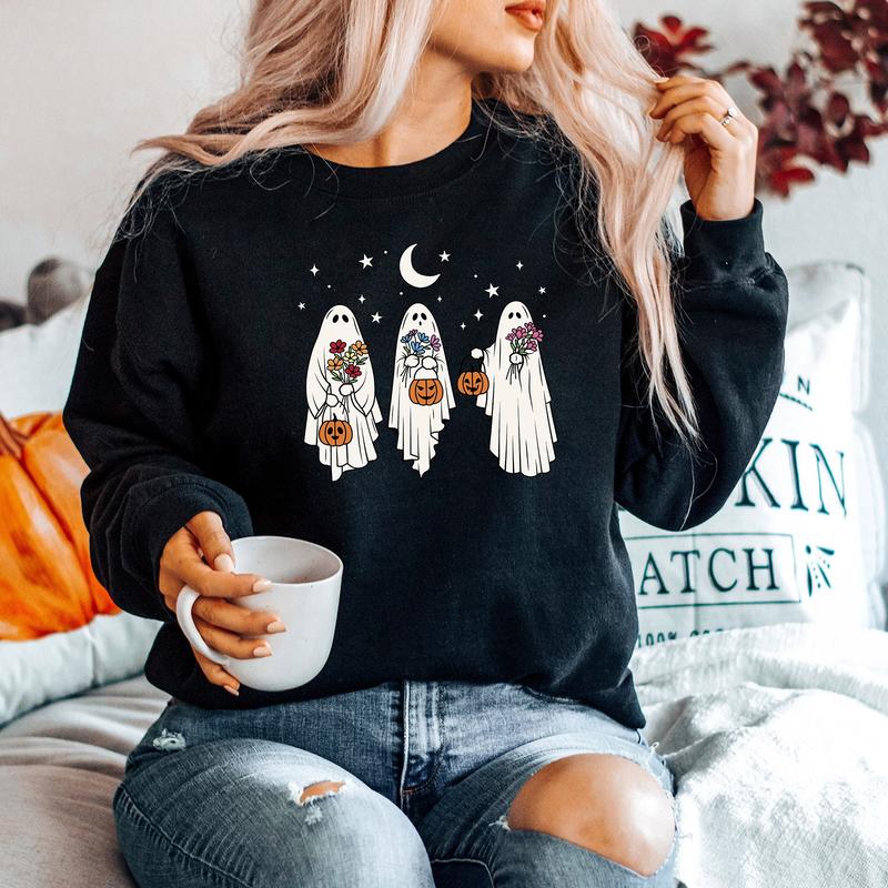 Floral Ghost Sweatshirt Hoodie T-shirt, Halloween Ghost Sweater, Floral Ghost Shirt, Retro Spooky Season, Gift For Halloween