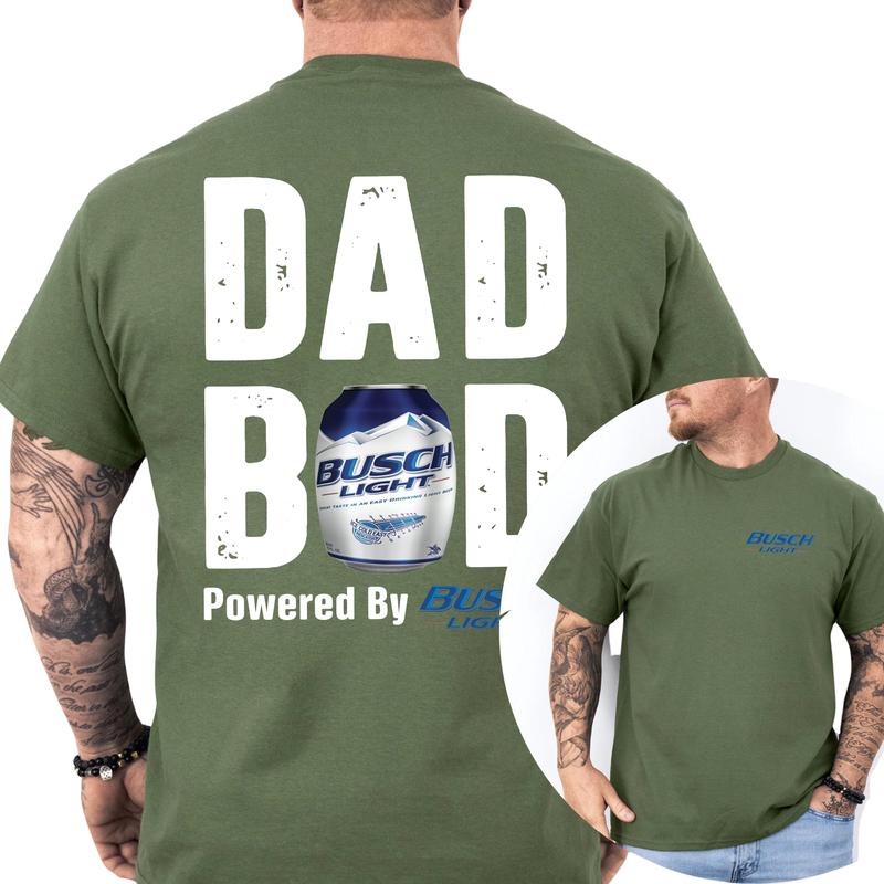 Busch Lite Dad Bod Powered By Busch Light Tshirt 2-Sided for Men, Beer Drink Shirt for Daddy, Funny Drinking Tee, Casual Cotton Top, Classic Menswear