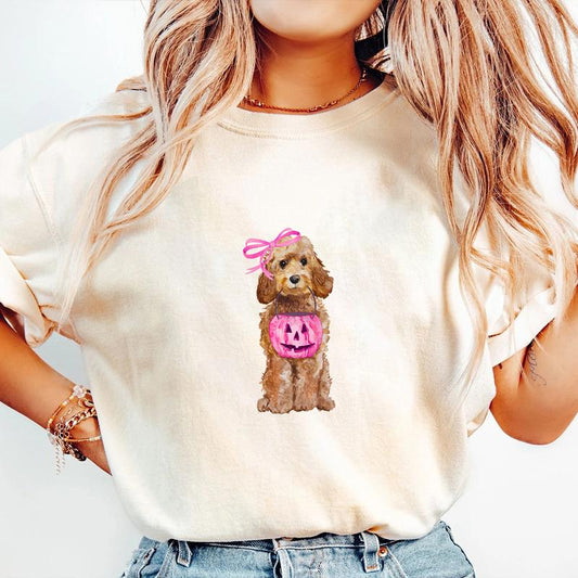 Halloween Dog Shirt, Halloween Doodle Shirt, Labradoodle Shirt, Doodle Mom Gift, Labradoodle Dog, Pink Bow Coquette Halloween Shirt