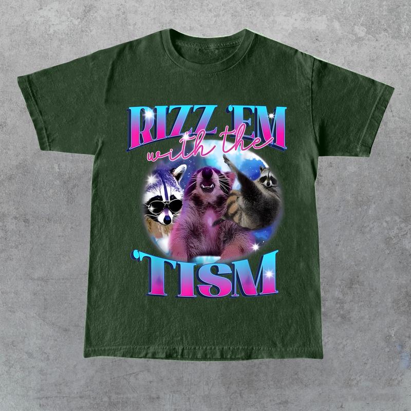 Rizz Em With The Tism Retro Shirt, Vintage Funny Raccoon Graphic Shirt, Autism Awareness, Raccoon Meme Tee, Relaxed Soft Cotton Shirt