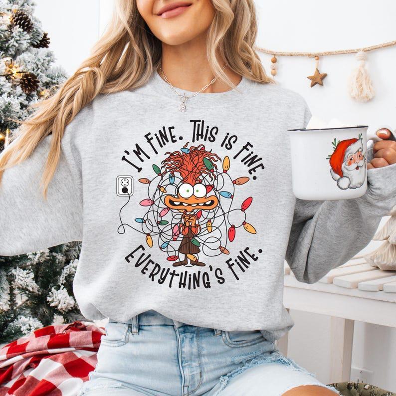 Anxiety Christmas Light Shirt, I'm Fine This Is Fine Everything Is Fine Christmas Light Sweatshirt, Funny Christmas Gift, Inside Out Shirt