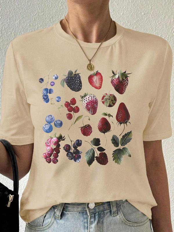Women's Strawberry & Blueberry Print Round Neck Tee, Casual Short Sleeve Crew Neck T-shirt for Summer, Fashion Women's Top for Daily Wear