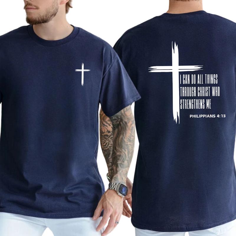 Men's Christian Cross 2-Sided Shirt, I Can Do All Things Through Christ T-shirt, Bible Verses Tops, Jesus Apparel, Religious Tees, Classic Menswear