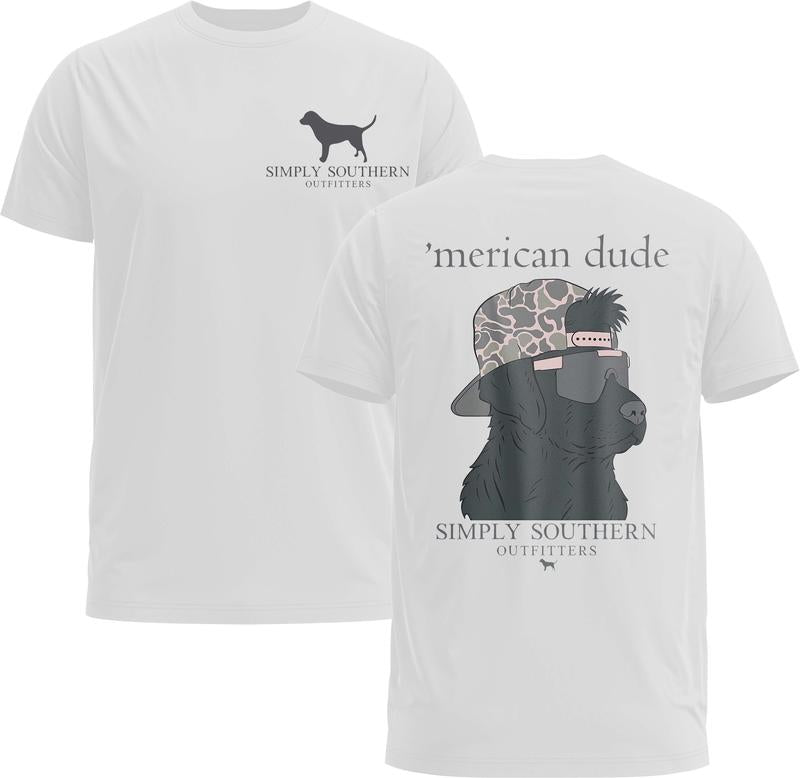 Simply Southern Camo Merican Dude 2 Sided Short Sleeve T-Shirt - Simply Southern Tee - Gildan 5000 Graphic Shirt, Heavy Cotton, Full Sizing & Colors