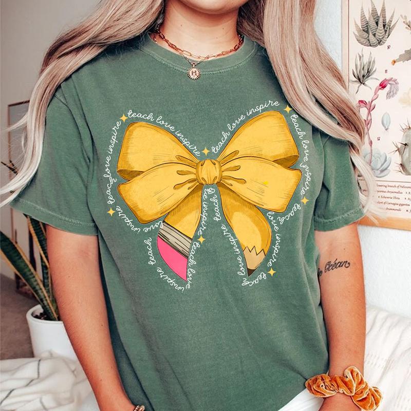Coquette Teacher Shirt, Pencil Bow Teacher Graphic Tee, Back To School Outfit, First Day Of School, Gift for Teacher, Teacher Crew Matching Shirt Casu