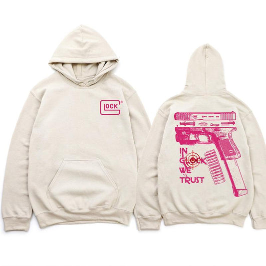 In Glock We Trust Standard size Sand Hoodie with Multicolor Design for Men and Women - Classic Fit - Menswear