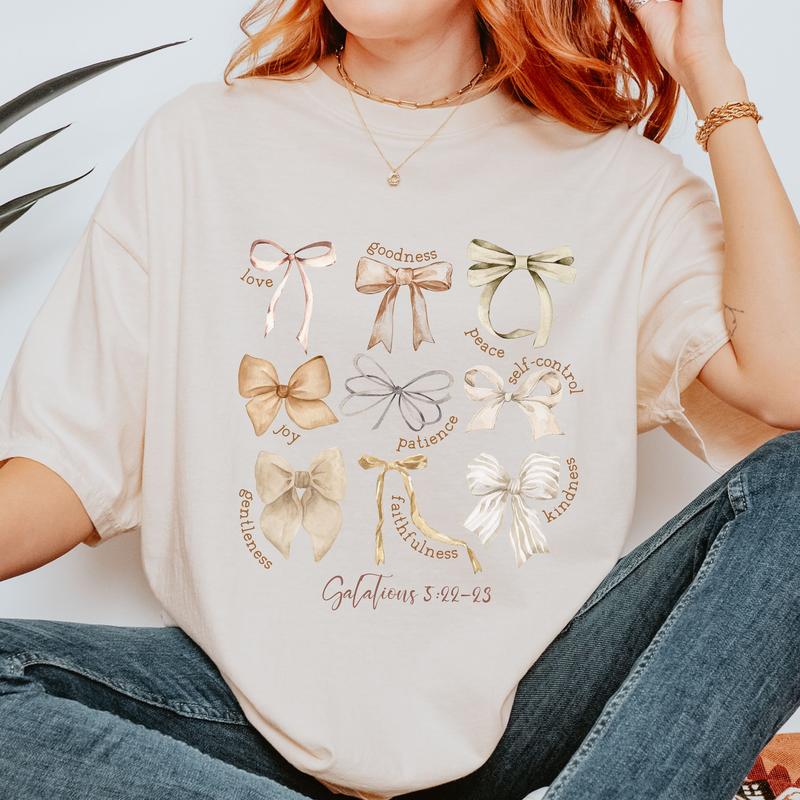 Coquette Bow Tee, Christian Shirt, Fruit of the Spirit Bible Verse Shirt Gift for Christian Mom Shirt with Bows Cute Christian, Unisex Cotton Shirt, L