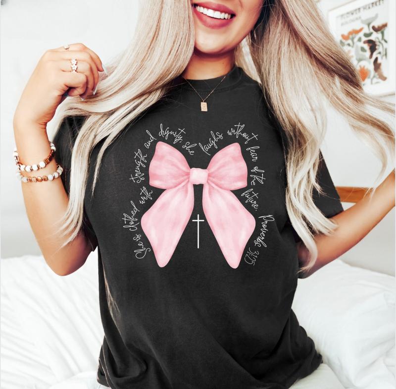 Christian Shirts, Bible Verse Pink Bow Shirt, Coquette Christian Shirt, Women's Inspirational Shirt, Coquette Mommy Shirt, Religious, Bible Verse, Fai