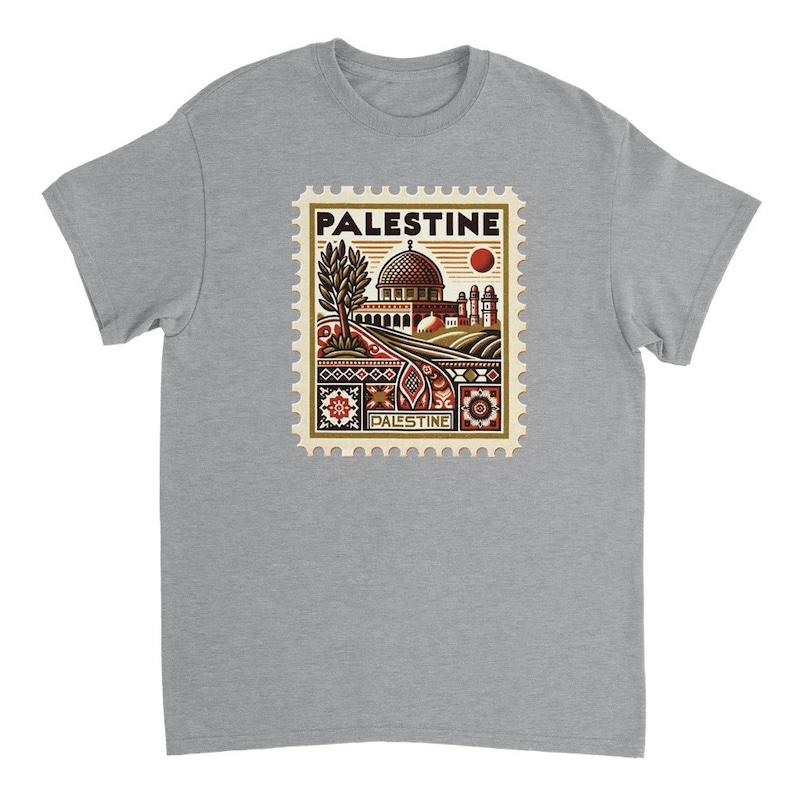 Vintage Palestine Culture Postage Stamp Unisex Crewneck T-shirt Casual Collar Cotton Fabric Cotton Fabric