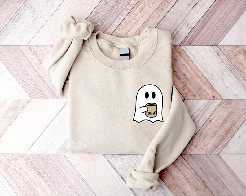 Cute Spooky Coffee Sweatshirt, Womens Ghost Sweatshirt, Spooky Season, Fall Coffee Lover Shirt, Halloween Party Shirt, Fall Graphic Shirt