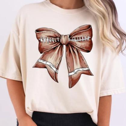 Football Bow Shirt, Womens Football Tee, Womenswear Crewneck, Cute Football Mama Shirt, Coquette Bow Football, Gift For Football Mom Tshirt Casual