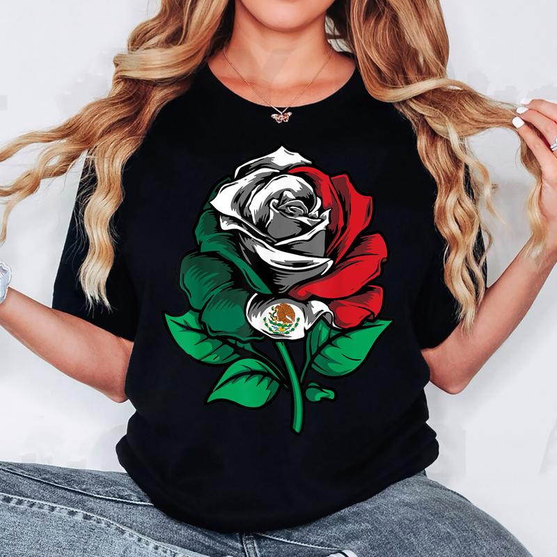 Rose Floral Mexico Flag Love Mexico Independence Mexican T-Shirt