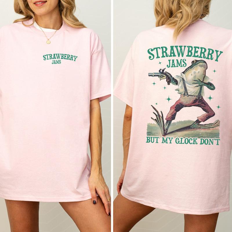 Strawberry Jams But My Glock Don't Frog Graphic 2-Sided Shirt, Vintage Country Girl T-shirt, Retro Frog Tee, Funny Women's Top, Casual Womenswear