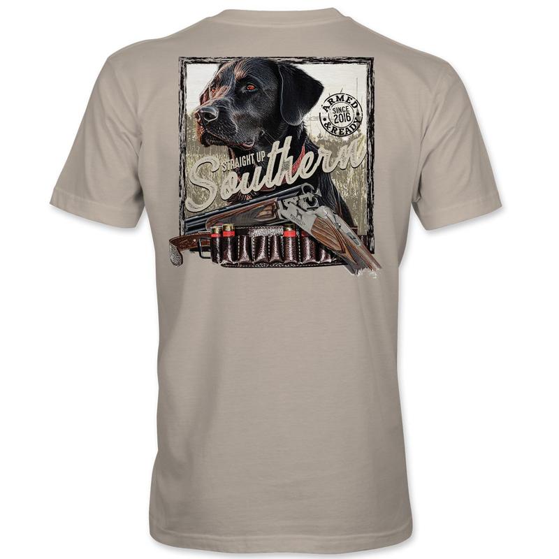Black Lab Armed and Ready - Field-Ready Retrieving Black Lab Tee - Sand Classic Cotton