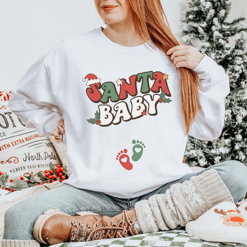Santa Baby Christmas Pregnancy Announcement Sweatshirt XMas Maternity Sweater Holiday Gender Reveal Outfit Winter Baby Shower Gift
