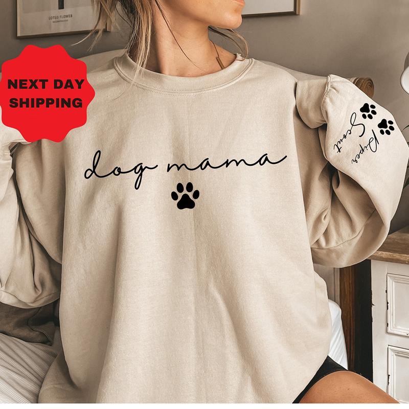 Custom Dog Mama Sweatshirt with Pet Name on Sleeve, Crewneck or Hoodie, Custom Neck Sleeve Design, Fur Mama, Dog Mom Shirt, Cat Mama