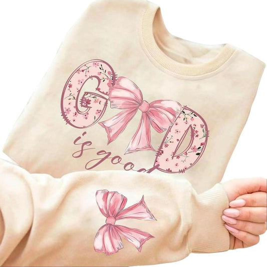 Long Sleeve God Is Good Coquette Pink Bow Sweatshirt, Christian Girl, Bible Verse, Jesus Apparel, Religious Bow Top