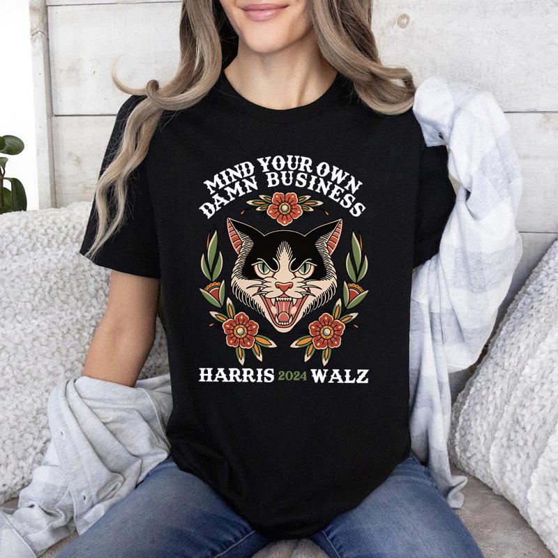 Mind Your Own Damn Business Shirt, Harris Walz 2024 Shirt, Walz Vice President Shirt, Cute Funny Cat Tshirt, We're Not Going Back Top Womenswear