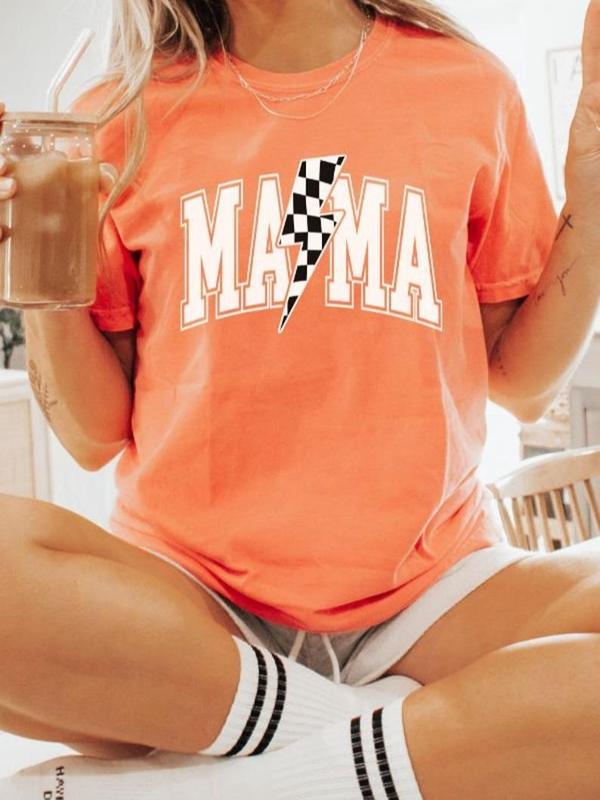 Mama Lightening Bolt Comfort Colors Shirt, Gift for Mom, Mama T-Shirt, Retro Mama T Shirt, Checkered Mom Tshirt Flat