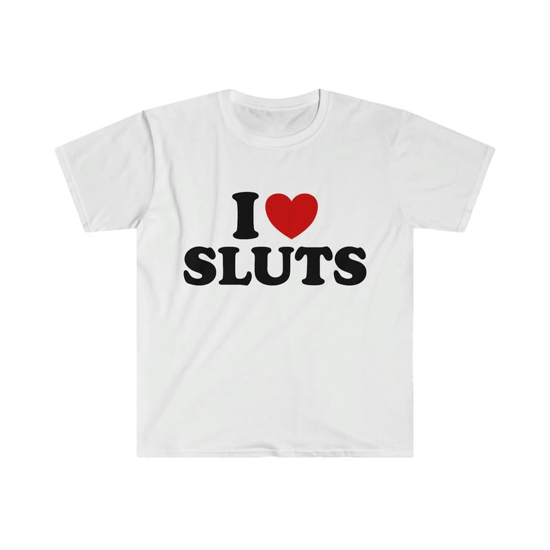 Y2K I Love SLUTS Tee - Celebrity Style Meme Shirt - Graphic Crew Neck Short Sleeve - Medium Top Womenswear