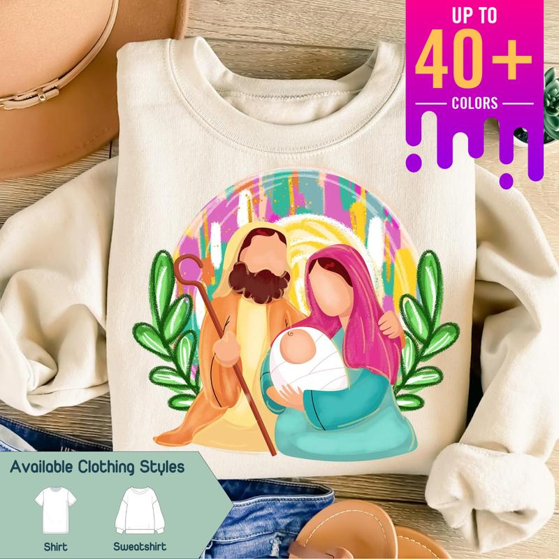 Colorful Glitter Christmas Nativity Sweatshirt, Oh Come Let Us Adore Him & Baby Jesus Tee, Brushstroke Christian Designs, Cute Tee, Gift for Family, G
