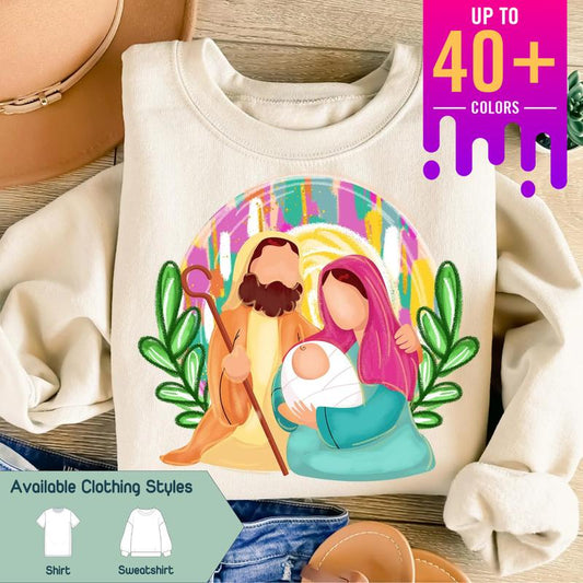 Colorful Glitter Christmas Nativity Sweatshirt, Oh Come Let Us Adore Him & Baby Jesus Tee, Brushstroke Christian Designs, Cute Tee, Gift for Family, G