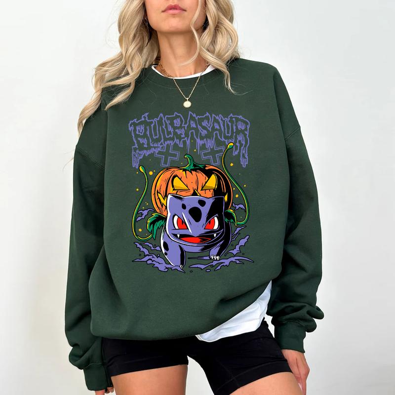 Bulbasaur Pumpkin Sweatshirt, Pokemon Pumpkin Sweatshirt, Halloween Sweatshirt, Spooky Pumpkin Monster Sweatshirt, Gengar Japan Anime Sweatshirt, Poke
