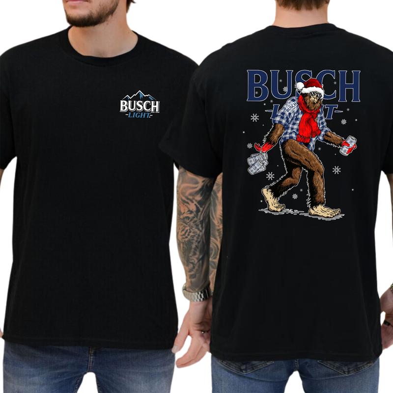 Christmas Shirt, Busch Light Christmas Bigfoot 2 Sided T-shirt, Casual Menswear, Classic Cotton Top, Soft Fabric Shortsleeve Shirt