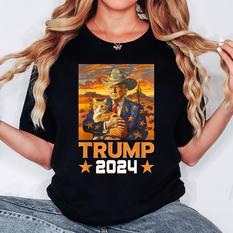 Western Cowboy Trump 2024 And Cat Patriotic 4th of July T-Shirt