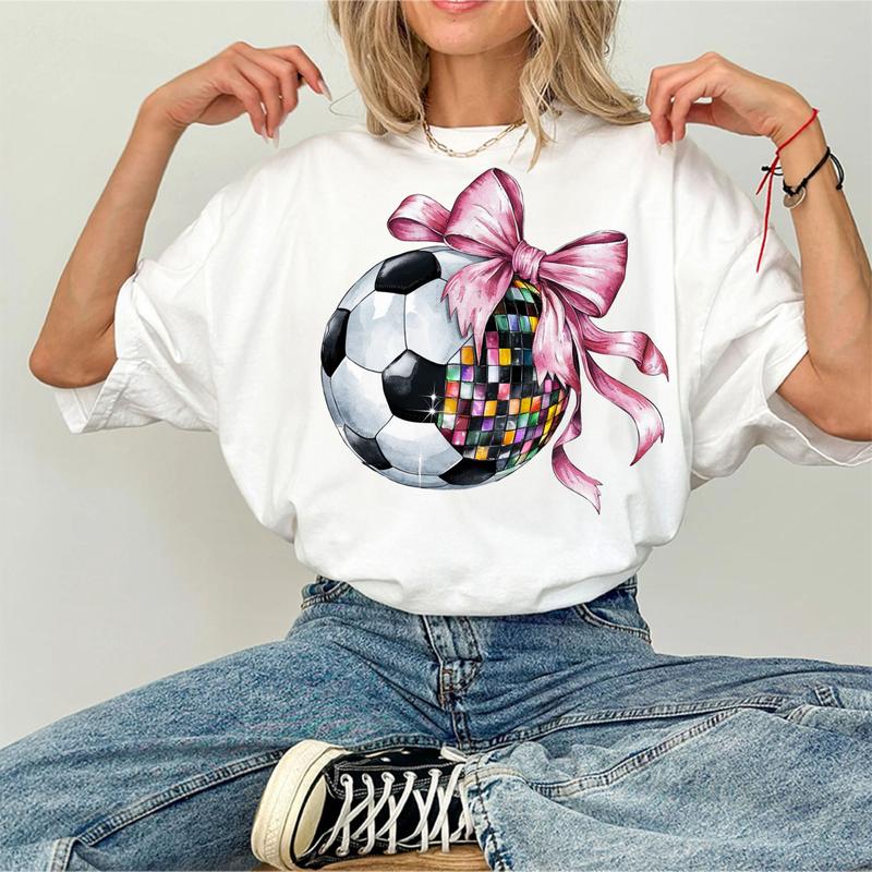 Disco Soccer Coquette Bow Shirt, Soft Girl Era Tee, Soccer Coquette Tee, Soccer Mom Top, Full Sizes, Full Colors, Cotton Round Neck Tee Women, Lady To