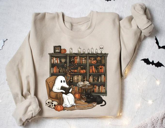 Retro Ghost Reading Books Sweatshirt T-Shirt Hoodie, Librarian Ghost Halloween Sweater, Halloween Teacher Shirt, Ghost Halloween Shirt, Ghost Shirt, G