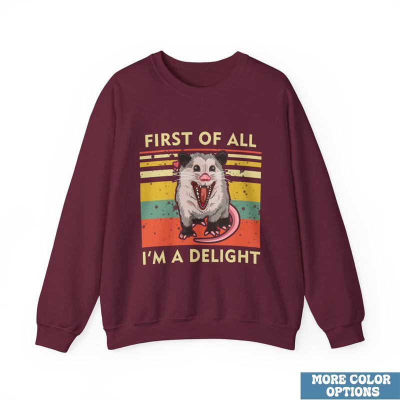 First Of All, I'm A Delight Sweatshirt â€“ Hilarious Opossum Graphic, Cute & Quirky Animal Sweatshirt, Perfect for Animal Lovers, Sarcastic Self-Love Gi