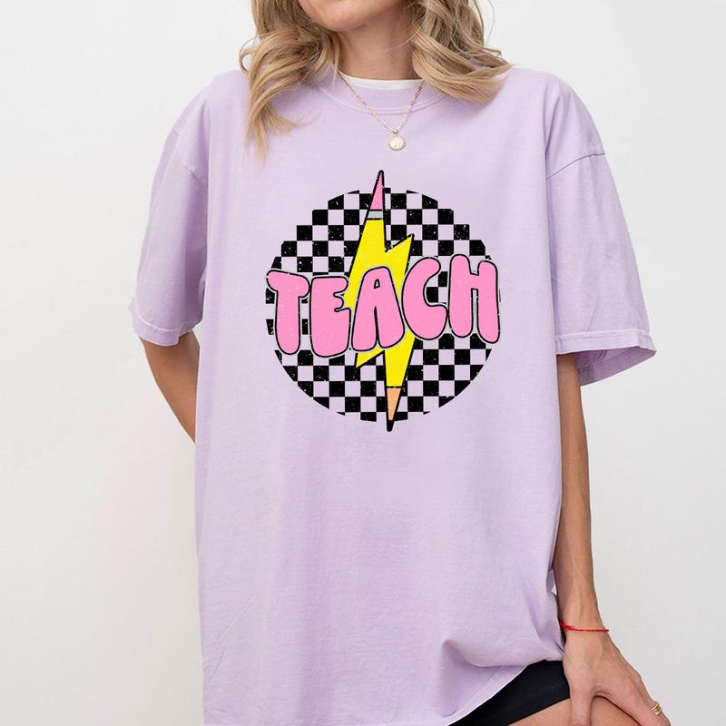 Checkered Teach Shirts, Pencil Lightning Shirt, Lightning Bolt Shirt, Teacher Appreciation Gifts, Shirt For Teacher, Retro Teacher T-shirt, Teacher Gi