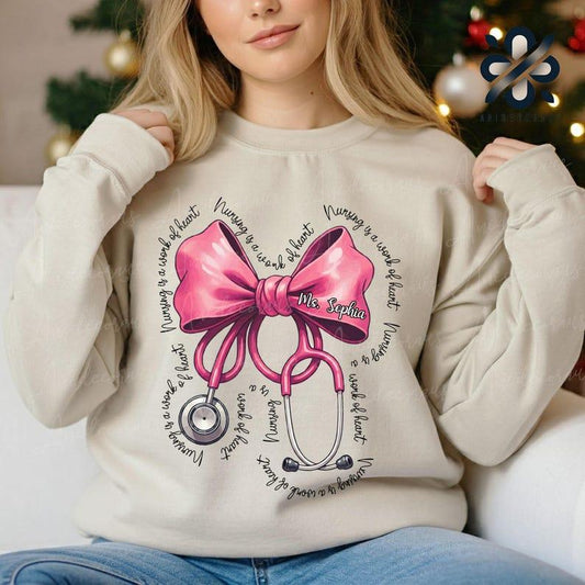 Personalized Coquette Nurse Stethoscope Bow Sweatshirt, Nurse Appreciation, Christmas Gift for Nurse, Nursing Pink Bow Shirt, Christmas Shirt