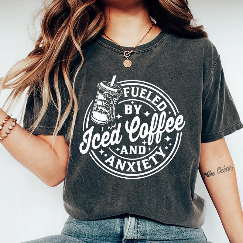 Fueled By Iced Coffee And Anxiety Shirt, Iced Coffee T-shirt, Inspired Caffeine-Powered Tee, Anxiety Graphic Printed Short Sleeve T-shirt, Cotton Fabr