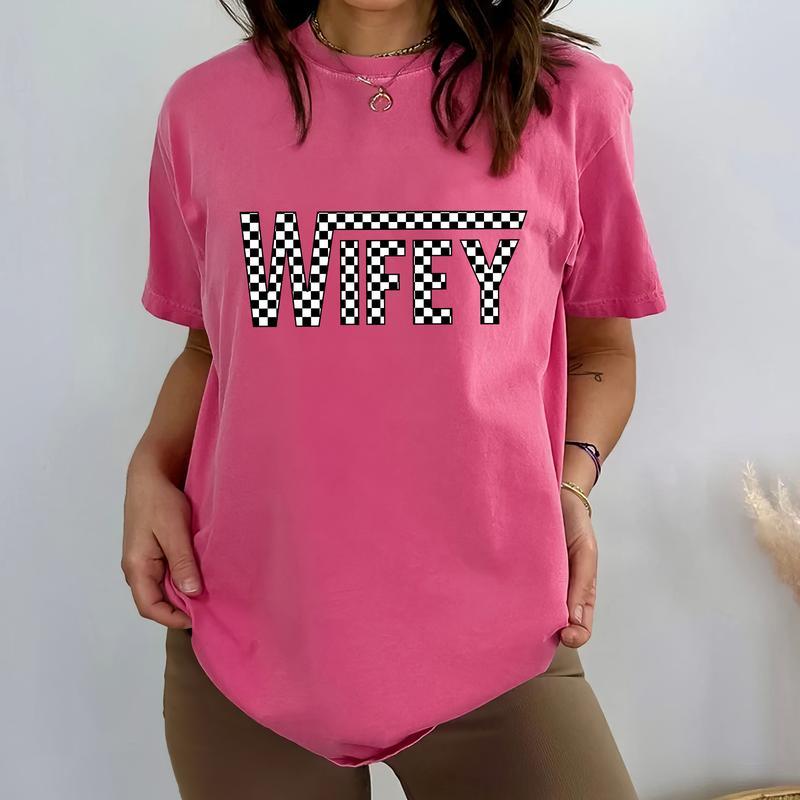Wifey Shirt, Checkered Wife T-shirt, Spoiled Wife Graphic Printed Tee, Checkered Wifey Soft Fabric Short Sleeve Tee, Comfort Shirt For Wife, Women's T