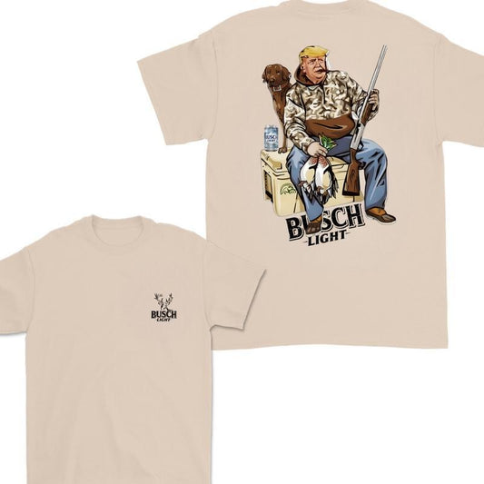 Hunter Trump With Busch Light Beer 2 Sided T-shirt, Trump and Your Hunting Dog T-shirt Full Color For Men and Women, Hunting Season T-shirt