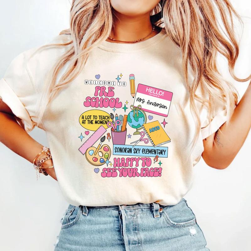 Welcome To Preschool Happy To See Your Face Shirt, Happy First Day Of School Preschool Teacher Shirt, Custom Name Shirt, Personalized Teacher Shirt (P