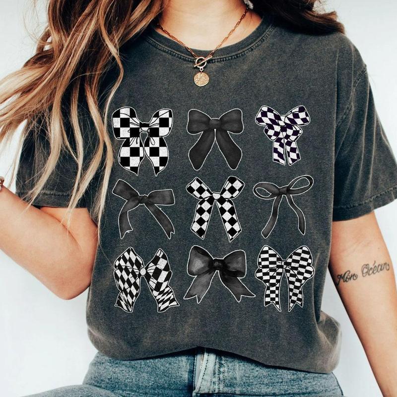 Coquette Checkered Black Bow Shirt, Black Bows Coquette Shirt, Gift for Her, Gift for Mom, T-Shirt for Women, Coquette Bows Checkered T-Shirt, Black B