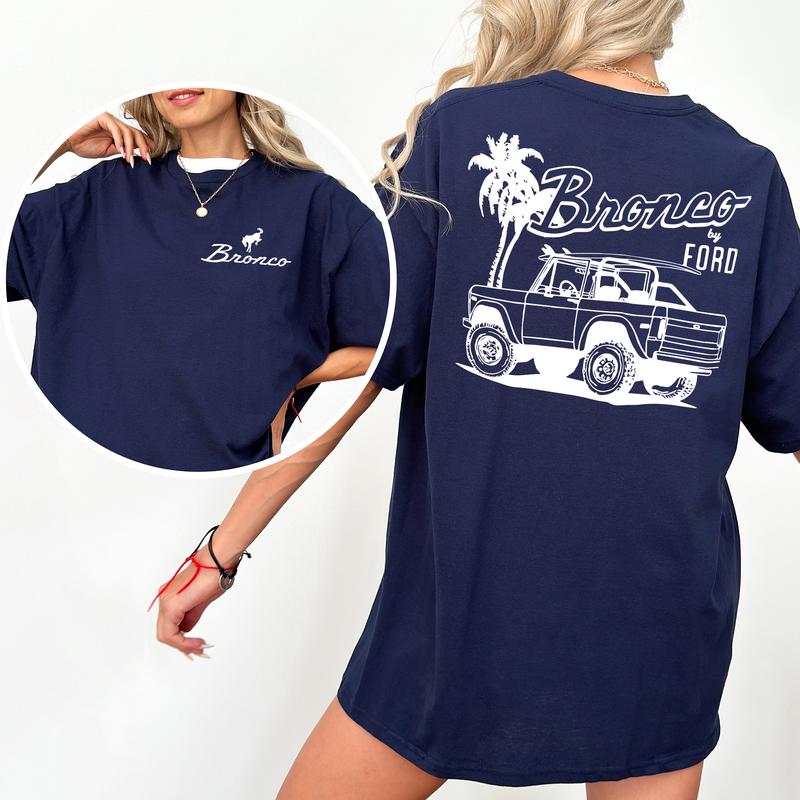 Vintage NDC Ford Bronco Graphic 2-Sided Shirt, Unisex Summer Beach Scene T-Shirt, Driving Tshirt for Men, Soft Cotton Fabric Top, Casual Womenswear